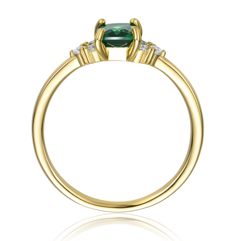 GV Sterling Silver 14k Yellow Gold Plated with Emerald & Cubic Zirconia Solitaire Cluster Anniversary Engagement Ring