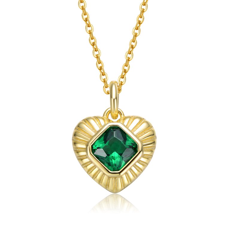GV Sterling Silver 14k Yellow Gold Plated with Emerald Cubic Zirconia Sunray Heart Pendant Necklace - Green