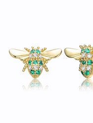 GV Sterling Silver 14k Yellow Gold Plated with Emerald or Yellow Cubic Zirconia Pave Wasp Stud Earrings - Green