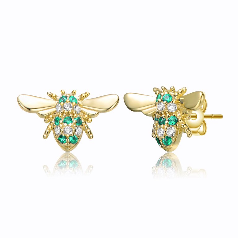 GV Sterling Silver 14k Yellow Gold Plated with Emerald or Yellow Cubic Zirconia Pave Wasp Stud Earrings - Green