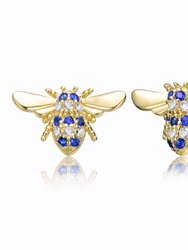 GV Sterling Silver 14k Yellow Gold Plated with Emerald or Yellow Cubic Zirconia Pave Wasp Stud Earrings - Blue