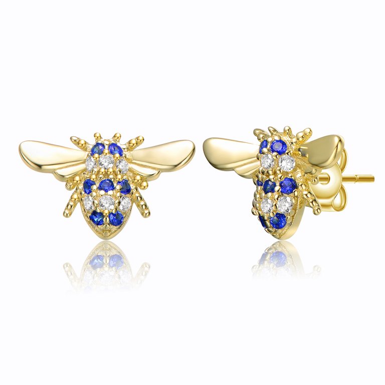 GV Sterling Silver 14k Yellow Gold Plated with Emerald or Yellow Cubic Zirconia Pave Wasp Stud Earrings - Blue