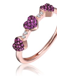 GV Sterling Silver 18k Rose Gold Plated with Ruby & Cubic Zirconia Pave Hearts Promise Stacking Ring - Red