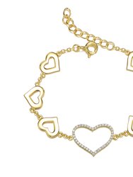 Kids Sterling Silver with Clear Cubic Zirconia Hollow Heart Charm Bracelet - Gold