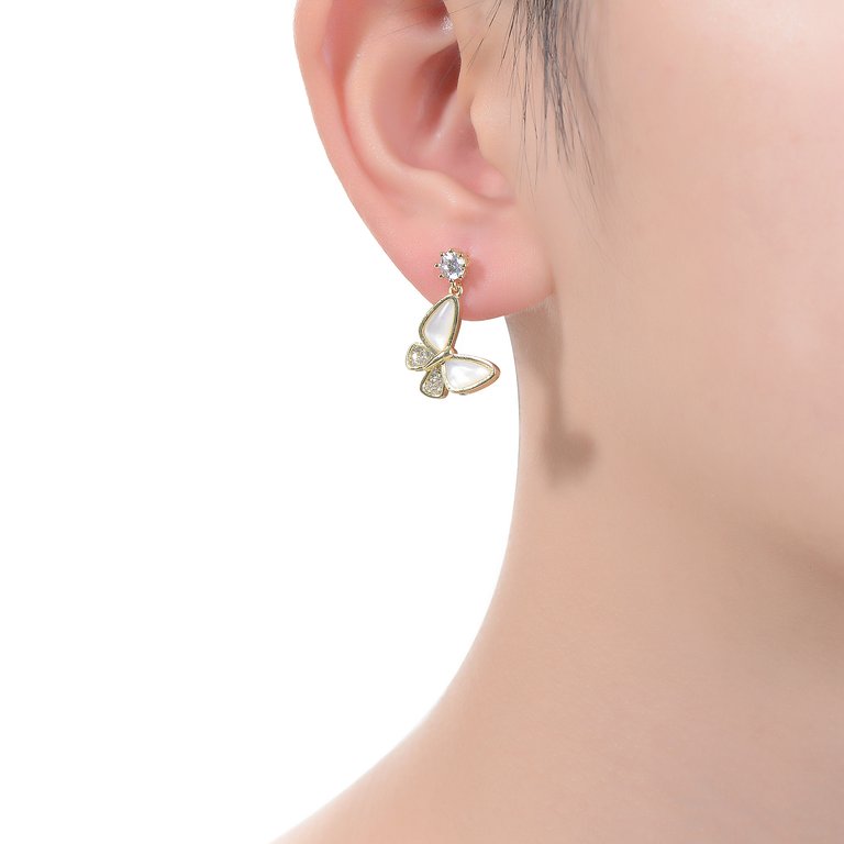 Kids/Teens 14K Yellow Gold Plating with Clear Cubic Zirconia Butterfly Drop Earrings