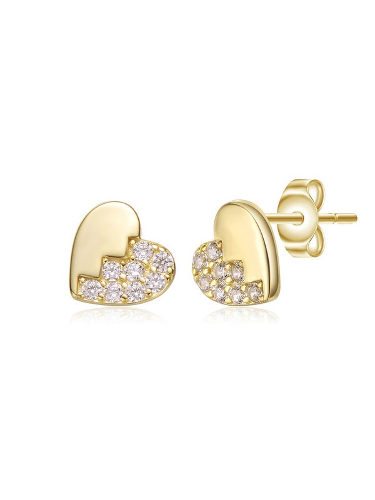 Sterling Silver 14K Gold Plated Clear Cubic Zirconia Heart Stud Earrings - Gold