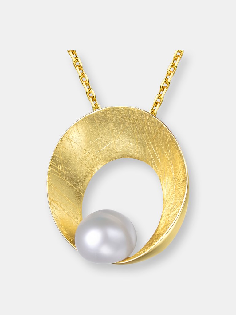 Sterling Silver 14k Gold Plated with Genuine Freshwater Pearl Donut Shape Pendant Necklace