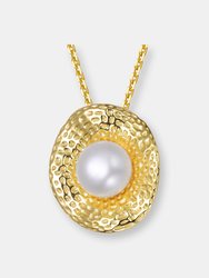 Sterling Silver 14k Gold Plated with Genuine Freshwater Pearl Hammered Pendant Necklace - Gold Plated