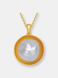 Sterling Silver 14k Gold Plated with Genuine Freshwater Pearl Round Pendant Necklace - Gold plated