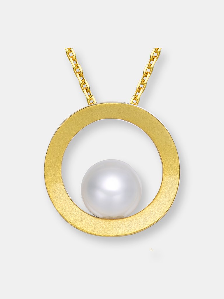 Sterling Silver 14k Gold Plated with Genuine Freshwater Round Pearl Circular Pendant Necklace - Gold Plated