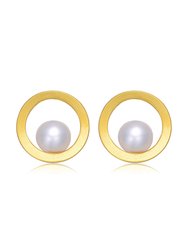 Sterling Silver 14k Gold Plated with Genuine Freshwater Round Pearl Stud Earrings