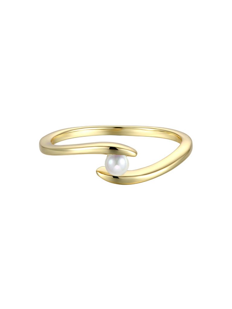 Sterling Silver 14k Gold Plated With White Freshwater Pearl Ocean Wave Stacking Ring - Gold