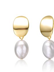 Sterling Silver 14k Yellow Gold Plated Oval White Pearl Drop Medallion Dangle Earrings - Gold
