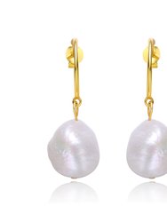 Sterling Silver 14k Yellow Gold Plated with Baroque Oval White Pearl Dangle Drop C-Hoop Earrings