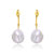 Sterling Silver 14k Yellow Gold Plated with Baroque Oval White Pearl Dangle Drop C-Hoop Earrings