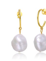 Sterling Silver 14k Yellow Gold Plated with Baroque Oval White Pearl Dangle Drop C-Hoop Earrings - Gold