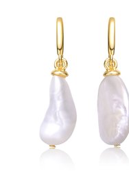 Sterling Silver 14k Yellow Gold Plated with Baroque White Pearl French Hook Dangle Drop Earrings