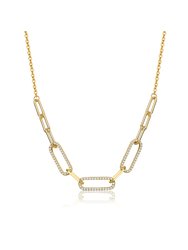 Sterling Silver 14k Yellow Gold Plated with Clear Cubic Zirconia Elongated Cable Link Chain Necklace - Gold