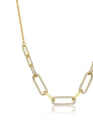 Sterling Silver 14k Yellow Gold Plated with Clear Cubic Zirconia Elongated Cable Link Chain Necklace - Gold