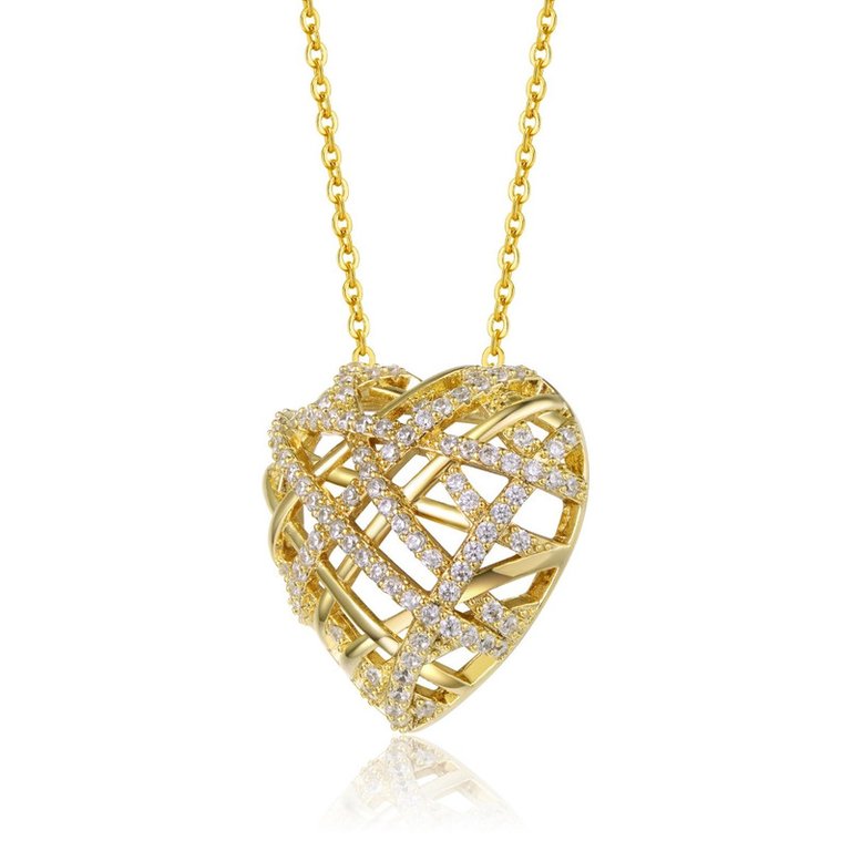 Sterling Silver 14k Yellow Gold Plated with Clear Cubic Zirconia Knotted Ribbon 3D Puffed Heart Pendant Necklace
