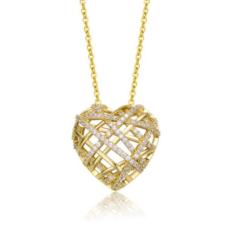Sterling Silver 14k Yellow Gold Plated with Clear Cubic Zirconia Knotted Ribbon 3D Puffed Heart Pendant Necklace - Gold