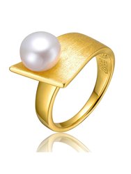 Sterling Silver 14k Yellow Gold Plated With Genuine Freshwater Pearl Linear Ring - Gold