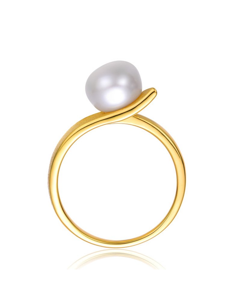 Sterling Silver 14k Yellow Gold Plated With Genuine Freshwater Pearl Linear Ring