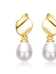 Sterling Silver 14k Yellow Gold Plated with Oval White Pearl Seashell Design Double Dangle Earrings