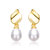 Sterling Silver 14k Yellow Gold Plated with Oval White Pearl Seashell Design Double Dangle Earrings