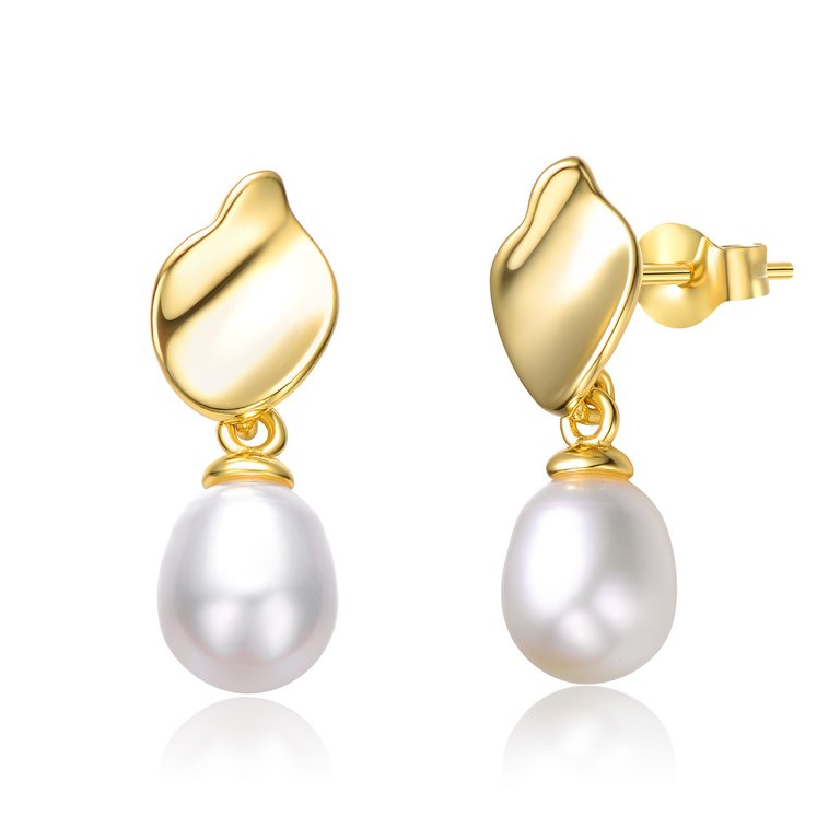 Sterling Silver 14k Yellow Gold Plated with Oval White Pearl Seashell Design Double Dangle Earrings - Gold