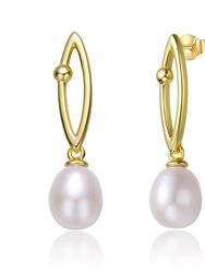 Sterling Silver 14k Yellow Gold Plated with Pearl & Cubic Zirconia Oblong Marquise Drop Earrings - Gold
