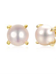 Sterling Silver 14K Yellow Gold Plated With Round White Genuine Pearl Solitaire Stud Earrings - Gold