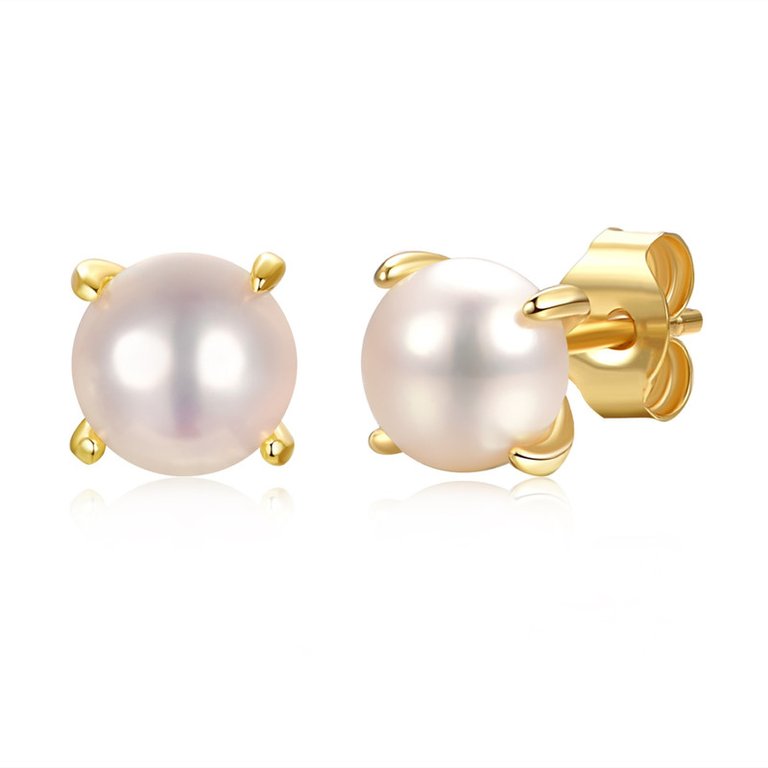 Sterling Silver 14K Yellow Gold Plated With Round White Genuine Pearl Solitaire Stud Earrings - Gold