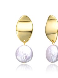 Sterling Silver 14k Yellow Gold Plated with White Coin Pearl Dangle Drop Marquise Medallion Earrings - Gold