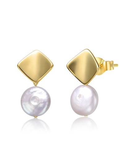 Genevive Sterling Silver 14k Yellow Gold Plated with White Coin Pearl Double Dangle Square Earrings product