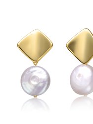 Sterling Silver 14k Yellow Gold Plated with White Coin Pearl Double Dangle Square Earrings - Gold