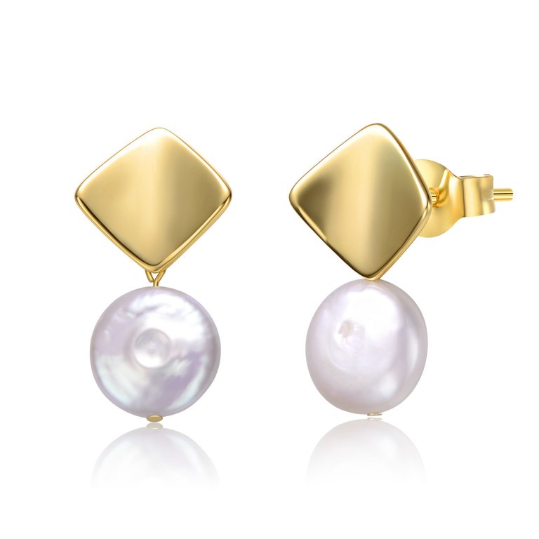 Sterling Silver 14k Yellow Gold Plated with White Coin Pearl Double Dangle Square Earrings - Gold