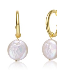 Sterling Silver 14k Yellow Gold Plated with White Coin Pearl Drop C-Hoop Earrings - Gold