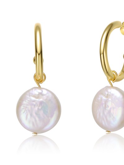 Genevive Sterling Silver 14k Yellow Gold Plated with White Coin Pearl Drop C-Hoop Earrings product