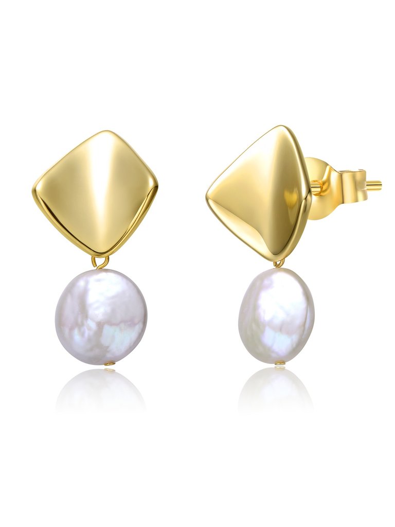 Sterling Silver 14k Yellow Gold Plated with White Coin Pearl Drop Double Dangle Geometric Earrings - Gold