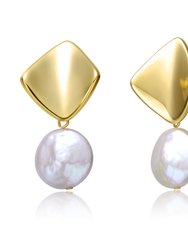 Sterling Silver 14k Yellow Gold Plated with White Coin Pearl Drop Double Dangle Geometric Earrings - Gold