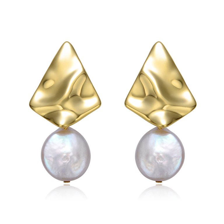 Sterling Silver 14k Yellow Gold Plated with White Coin Pearl Drop Geometric Rippled 3D Double Dangle Earrings