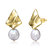 Sterling Silver 14k Yellow Gold Plated with White Coin Pearl Drop Geometric Rippled 3D Double Dangle Earrings - Gold
