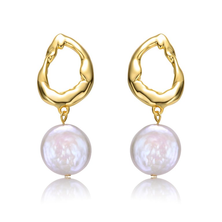 Sterling Silver 14k Yellow Gold Plated with White Coin Pearl Twisted Halo Circle Dangle Drop Earrings