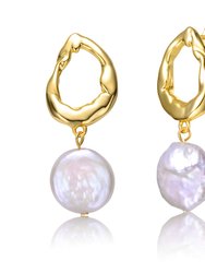 Sterling Silver 14k Yellow Gold Plated with White Coin Pearl Twisted Halo Circle Dangle Drop Earrings - Gold