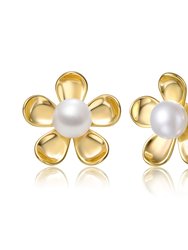 Sterling Silver 14k Yellow Gold Plated with White Pearl Blooming Daisy Flower Stud Earrings - Gold