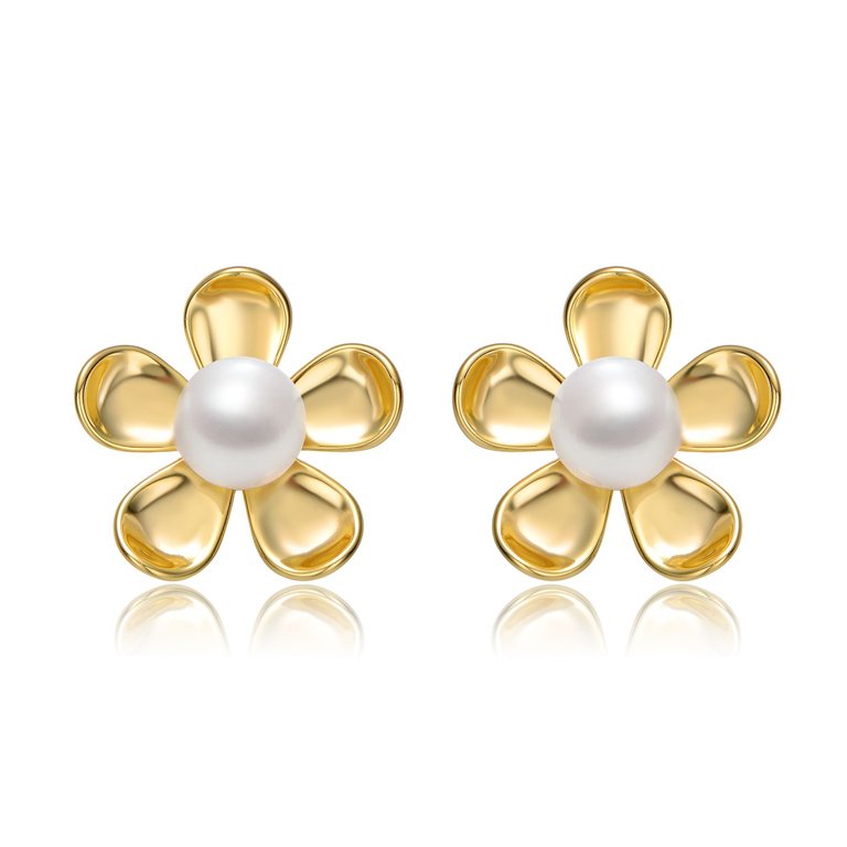 Sterling Silver 14k Yellow Gold Plated with White Pearl Blooming Daisy Flower Stud Earrings