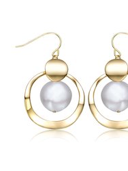 Sterling Silver 14k Yellow Gold Plated with White Pearl Concentric Halo Dangle Drop Earrings - Gold
