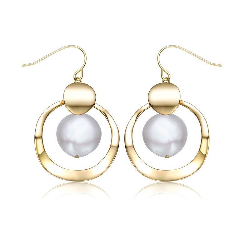 Sterling Silver 14k Yellow Gold Plated with White Pearl Concentric Halo Dangle Drop Earrings - Gold