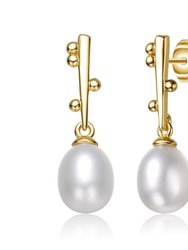 Sterling Silver 14k Yellow Gold Plated with White Pearl & Cubic Zirconia Linear Stick Earrings - Gold